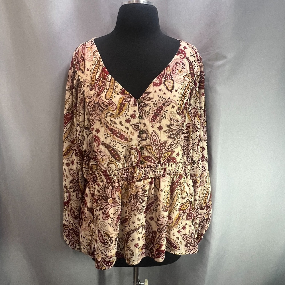 Maurices Peplum Blouse Top Womens XL Multicolor Paisley Smocked Waist V Neck